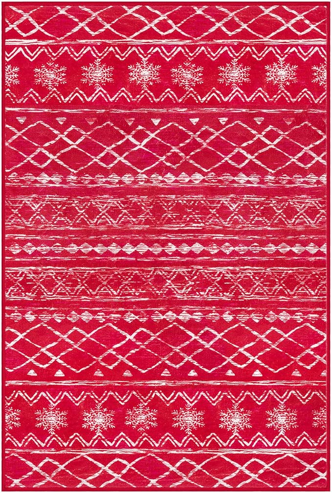 KUTA 3x5 Christmas Rugs for Entryway, Moroccan Boho Washable Area Rugs for Living Room Non Slip, Red Ultra Soft Print Distressed Geometric Low-Pile Entry Throw Carpet for Bedroom Nursery Dorm