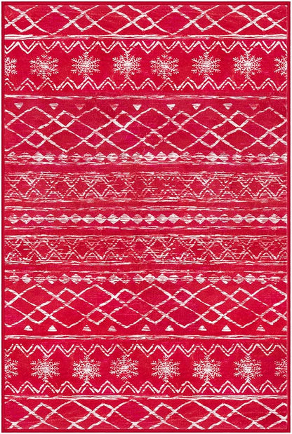 KUTA 3x5 Christmas Rugs for Entryway, Moroccan Boho Washable Area Rugs for Living Room Non Slip, Red Ultra Soft Print Distressed Geometric Low-Pile Entry Throw Carpet for Bedroom Nursery Dorm