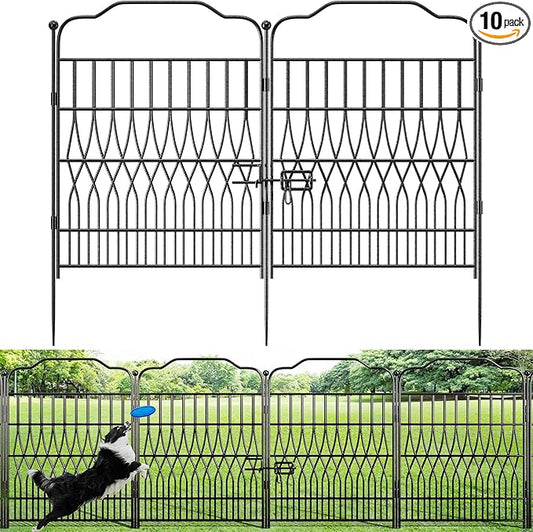 Bepatio 10 Panels Tall Garden Fence with Latch, 40in (H) x 23.1ft (L) Dog Fence Outdoor for Yard, Arc Metal Fencing Panels, Durable Animal Barrier Fencing for Outdoor, Patio, Flower Bed