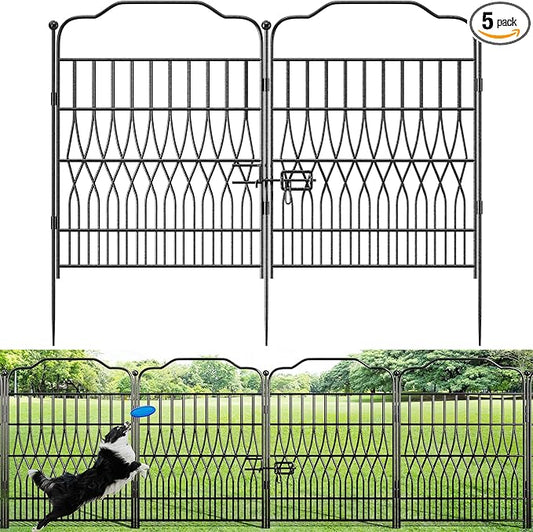 Bepatio 5 Panels Tall Garden Fence with Latch, 40in (H) x 11.5ft (L) Dog Fence Outdoor for Yard, Arc Metal Fencing Panels, Durable Animal Barrier Fencing for Outdoor, Patio, Flower Bed