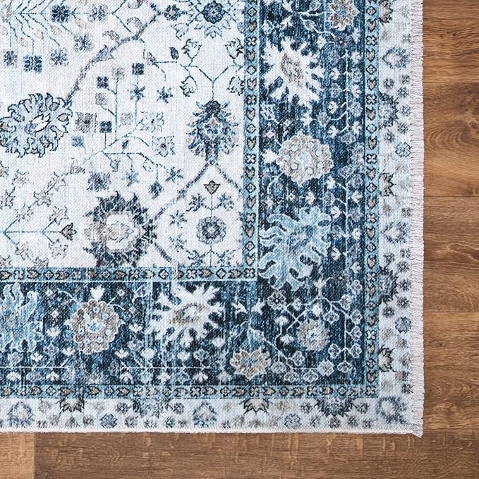 Bloom Rugs Caria Washable Non-Slip 3x5 Rug - Navy Blue Traditional Bordered Area Rug for Living Room, Bedroom, Dining Room, and Kitchen - Exact Size: 3' x 5'