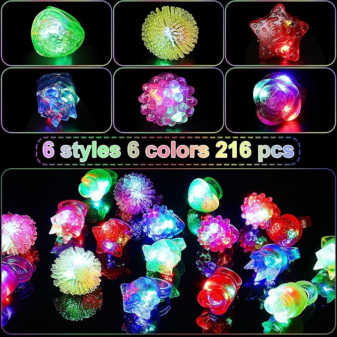 Vinsot 252 Pcs Light up Rings Party Favors LED Flashing Jelly Rings Bumpy Glow in the Dark Rubber Light Blinking Neon Rave Gift for Birthday, Goodie Bags Stuffers, Prizes