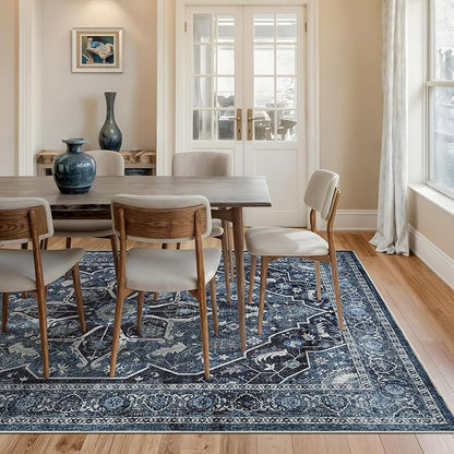 Bloom Rugs Caria Washable Non-Slip 6x9 Rug - Blue/Charcoal Traditional Area Rug for Living Room, Bedroom, Dining Room, and Kitchen - Exact Size: 6' x 9'
