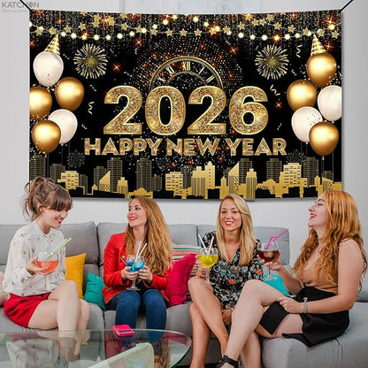 Katchon, Xtralarge Happy New Year Banner - 72x44 Inch | Gold Happy New Year 2026 Banner for New Years Decorations 2026 | NYE Backdrop for New Years Eve Party Supplies 2026 | NYE Decorations 2026