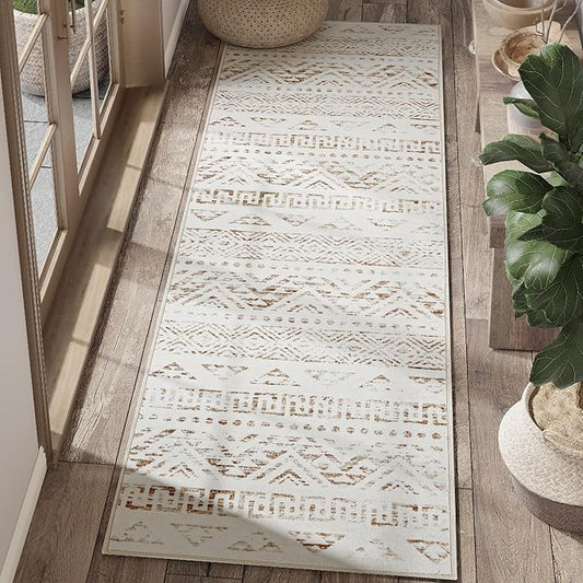 jinchan Boho Runner Rug 2x6 - Moroccan Machine Washable Non-Slip Bohemian Diamond Low-Pile Soft Runner Rug for Entryway Hallway Kitchen Bedroom Laundry Room (2‘x6', Mocha)