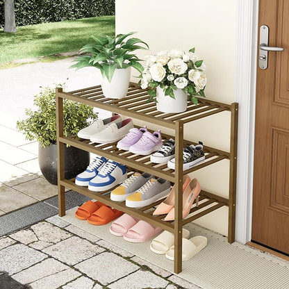 Smiry Shoe Rack, 3 Tier Thick Bamboo Shoe Organizer, Stackable Free Standing Wooden Shoe Storage Shelf for Closet, Entryway, Front Door Entrance, Walnut