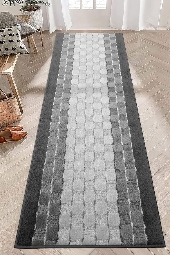 16 ft Non Slip Washable Carpet Runner Rug with Rubber Backing, Custom Floor Mat for Kitchen Hallway Stairs Bedroom Bathroom Entry, Checkered Anthracite Grey, Your Choice of Length, 26 Inch X 16 feet