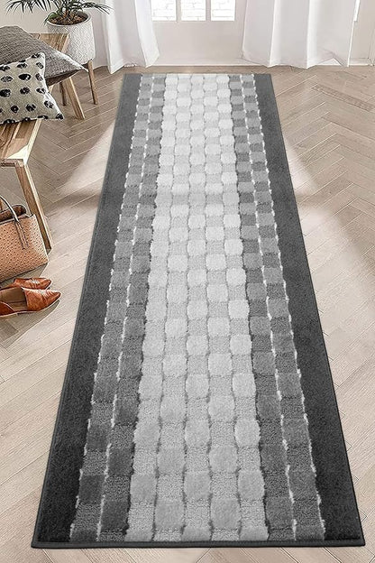 16 ft Non Slip Washable Carpet Runner Rug with Rubber Backing, Custom Floor Mat for Kitchen Hallway Stairs Bedroom Bathroom Entry, Checkered Anthracite Grey, Your Choice of Length, 26 Inch X 16 feet