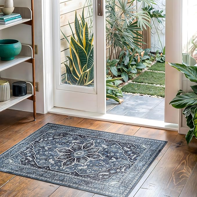 Bloom Rugs Washable Non-Slip 2x3 Rug - Blue/Charcoal Traditional Oriental Area Rug for Living Room, Bedroom, Dining Room, and Kitchen - Exact Size: 2' x 3'