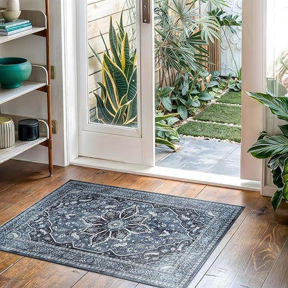 Bloom Rugs Washable Non-Slip 2x3 Rug - Blue/Charcoal Traditional Oriental Area Rug for Living Room, Bedroom, Dining Room, and Kitchen - Exact Size: 2' x 3'