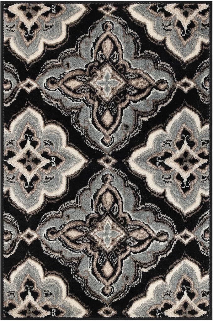 Superior Indoor Area Rug, Jute Backing, Medallion Rugs for Entryway, Living Room, Kitchen Floors, Bedroom, Office, Plush Floor Cover, Traditional Aesthetic, Crawford Collection, 2x3, Black Ivory