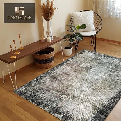 5' x 7' Washable Area Rug - Low Pile Soft Vintage Indoor Rug for Living, Dining or Bedroom - Lightweight Carpet with Non-Slip Backing - Foldable for Easy Placement, Blackish