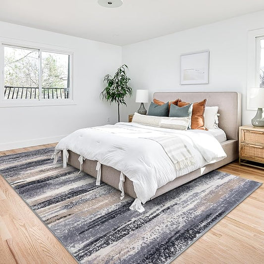 Modern Abstract 9x12 Large Machine Washable Living Room Rug Non-Slip Soft Bedroom Area Rug Grey Black Multi Ultra Thin Print Faux Wool Carpet Throw Rugs for Nursery Playroom Dining Room Indoor