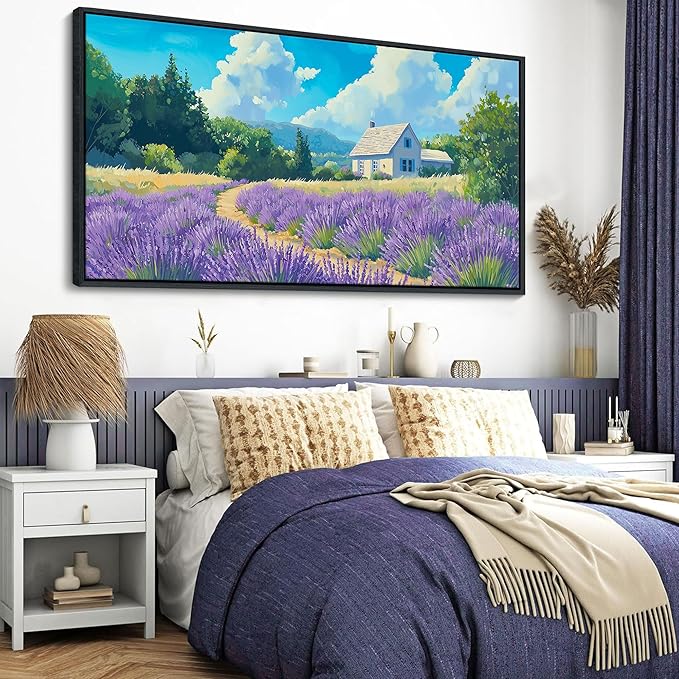 HKDGOKA Blue Landscape Framed Wall Art, Large Purple Lavender Rustic Cottage Spring Scenery Paintings Artwork for Living Room Bedroom Office Kitchen Flowers Prints Pictures Home Decor 29x58 IN