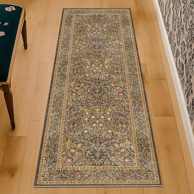 Non Slip 2x7 Gold Brown Bathroom Runner Rugs - Washable Long Runner for Kitchen, Hallway, Indoor Floor Mat, Bedroom Bedside - Brown Earthy Vintage Floral Décor