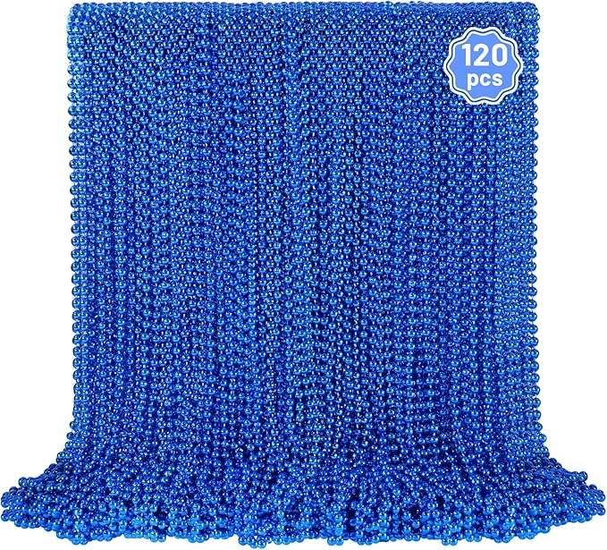 YAXINRUI 120 PCS Blue Bead Necklaces, Blue Mardi Gras Christmas Bead Necklaces, Patriotic Necklace, 33 Inch Round Beaded Necklace for Mardi Gras Christmas 4th of July Festive Events