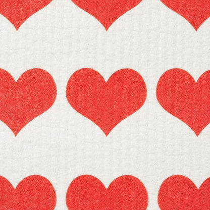 Swedish Dishcloths 2 Pack Row of Red Hearts Print Reusable Sponges Kitchen Cleaning Cloth Dish Scrubber, Machine Washable, Measures 7.87”x6.88 inches.