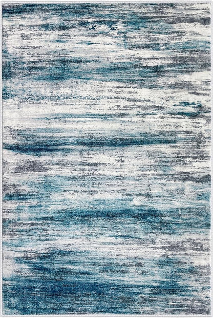 KOZYFLY Area Rug 8x10 Modern Living Room Rug, Washable Large Thin Rugs Non-Slip Soft Striped Rug for Bedroom, Print Blue Abstract Carpet for Laundry/Kid Room