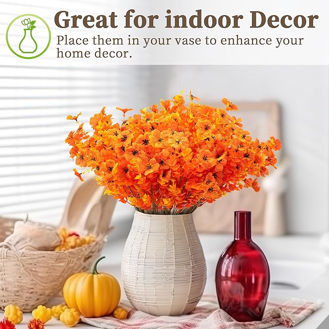 18 Bundles Artificial Mums for Outdoors/Indoors Faux Mums for Outdoor Planters, Eucalyptus Leaves Fall Flowers Artificial for Decoration Boxwood Garden Porch Window Home Wedding(Orange)