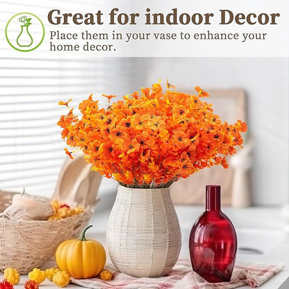 18 Bundles Artificial Mums for Outdoors/Indoors Faux Mums for Outdoor Planters, Eucalyptus Leaves Fall Flowers Artificial for Decoration Boxwood Garden Porch Window Home Wedding(Orange)