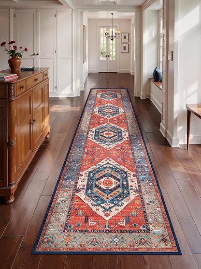 SERISSA Runner Rug for Hallways, 3x12 Washable Non Slip Kitchen Runner Rug, Extra Long Boho Rug Ultra Soft Vintage Rust Print Floor Carpet for Bedroom Hallway Entryway Bathroom Laundry Room