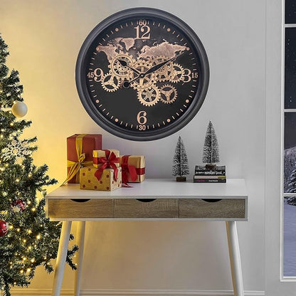CLXEAST 24 Inch Moving Gear Wall Clock with World Map Pattern,Large Black Gold Metal Wall Clock for Modern Farmhouse Living Room Decor,Reloj De Pared para Sala