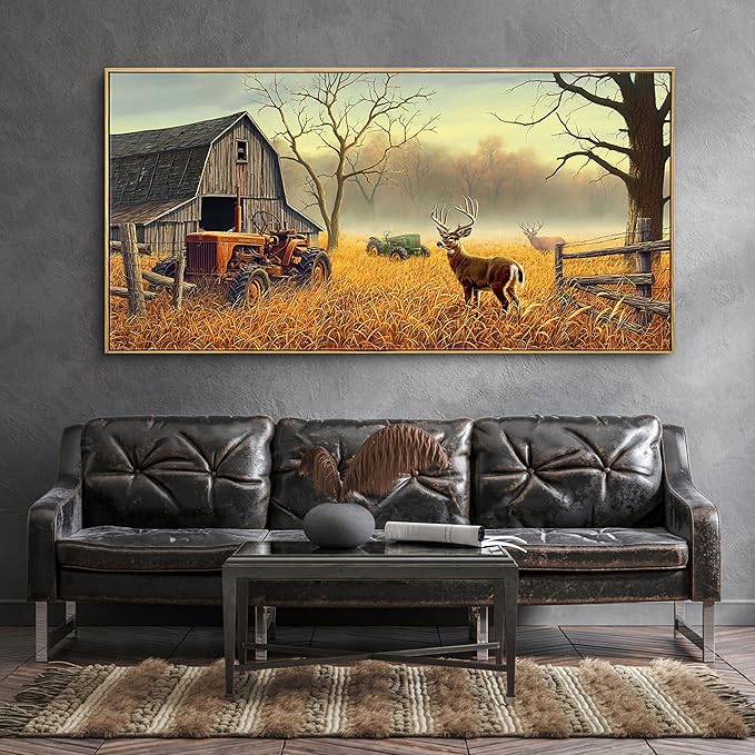 XLSJERST Deer Wall Art for Living Room Canvas Prints Decor Decoration Deer Tractor Farm Wildlife Hunting Picture Glass Surface Artwork Ready to Hang for Bedroom Home Office 20x40