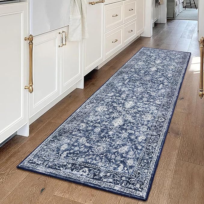 KILOCOCO Hallway Runner 2x5 Printed Vintage Floral Washable Kitchen Runner Rug Non-Slip Runners for Hallways Distressed Boho Runners for Bedroom Laundry Room, Navy Blue