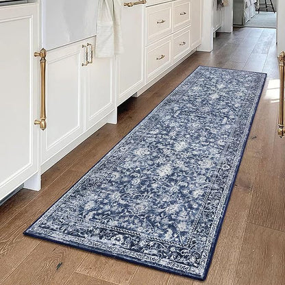 KILOCOCO Hallway Runner 2x5 Printed Vintage Floral Washable Kitchen Runner Rug Non-Slip Runners for Hallways Distressed Boho Runners for Bedroom Laundry Room, Navy Blue