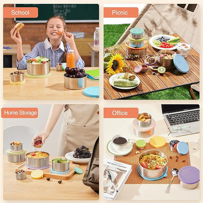 Stainless Steel Food Container, Set of 6, Nesting Bowls with Colorful Lids, stackable leakproof Metal Lunch Box Set for Kids, Daycare, School, Travel. Sauce Salad dressing Container to go (Serenity)