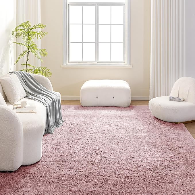 Amazon Basics Fluffy Washable Area Rug, Shaggy Carpet for Living Room, Bedroom, 8' W × 10' L, Pink