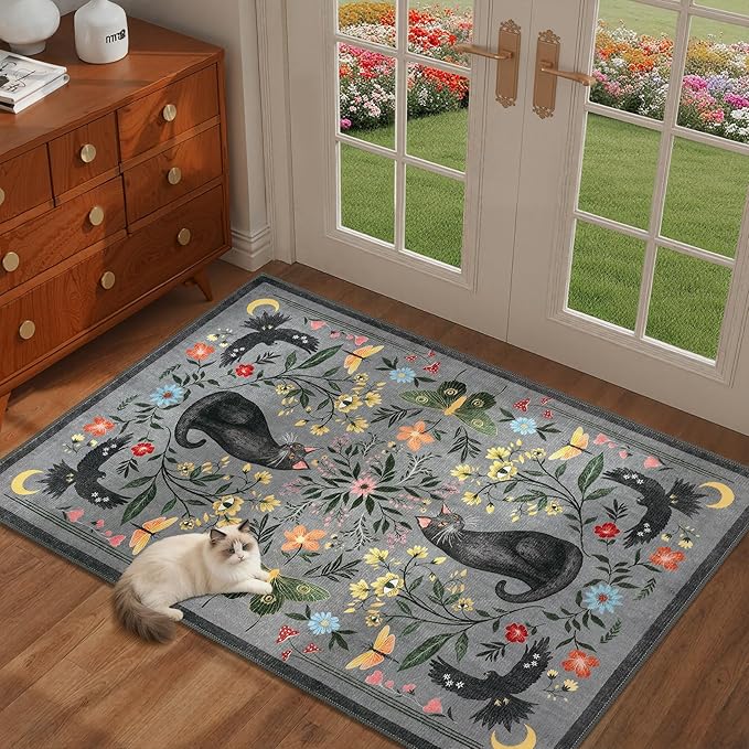 GarveeHome Cat Entryway Rug, 2x3 Mushroom Insect Grey Washable Front Door Rug Indoor Entrance Floral Carpet Non-Slip Low Pile Throw Rugs for Kitchen Floor, Powder Room, Entry, Bathroom, Kids Room