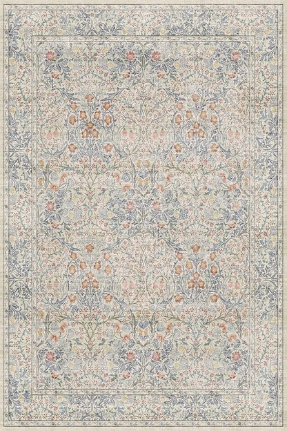 Vintage Washable Beige Blue Area Rugs for Bedroom Under Bed, Living Room, Nursery, Kitchen, Entryway, Low Pile Non Slip Stain Resistance Distressed Retro Indoor (Beige Blue, 4 x 6)