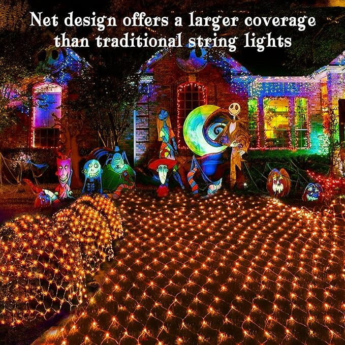 BlcTec Halloween Lights 200 LED 8.2ft x 4.9ft Orange Net Lights with 8 Modes, UL Certified, Timer, Connectable, Waterproof, Dark Green Wire for Trees, Bushes, Shrub, Lawn Halloween Decorations Outdoor