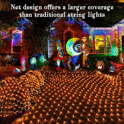 BlcTec Halloween Net Lights 360 LED 9.8ft x 6.6 Orange Halloween Lights with 8 Modes, Timer, Connectable, Waterproof & Dark Green Wire Design for Lawn, Porch, Shrub, Bushes Outdoor Holiday Decorations