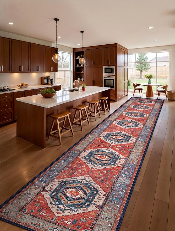 SERISSA Runner Rug for Hallways, 2'6"x18' Washable Non Slip Kitchen Runner Rug, Extra Long Boho Rug Ultra Soft Vintage Rust Print Floor Carpet for Hallway Living Room Dining Room Bedroom