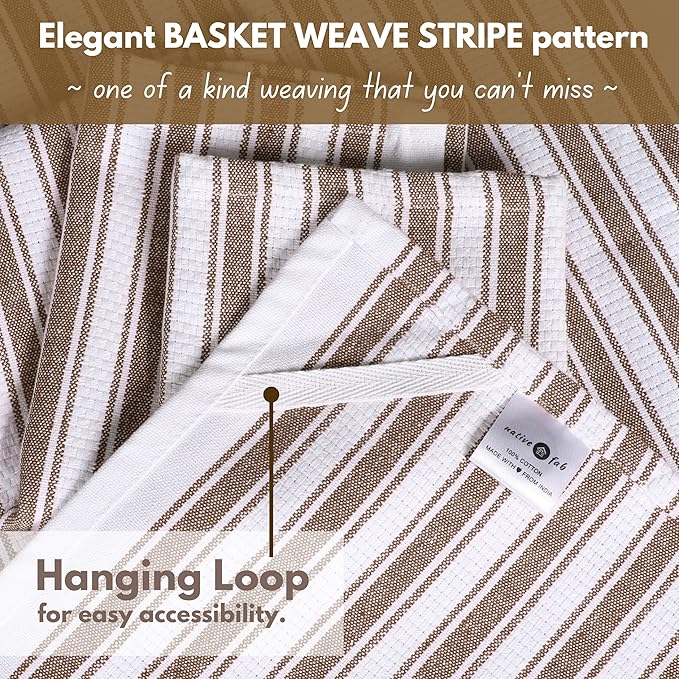 Native Fab Stripe Kitchen Towel - 12 Pack - Basket Weave 100% Cotton Dish Towels - 16x26 inches - Absorbent Towels for Cleaning, Quick Drying, Washable Dish Cloths with Hanging Loop - Brown