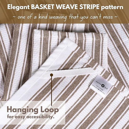 Native Fab Stripe Kitchen Towel - 12 Pack - Basket Weave 100% Cotton Dish Towels - 16x26 inches - Absorbent Towels for Cleaning, Quick Drying, Washable Dish Cloths with Hanging Loop - Brown