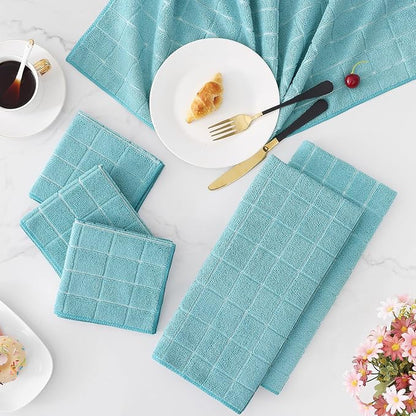 Homaxy Microfiber Kitchen Towels and Dishcloths Set, 12 Pack Soft and Absorbent Dish Hand Towels Bulk, 28 x 16 Inch & 12 x 12 Inch Quick Drying Rags for Washing Dishes, Lake Blue