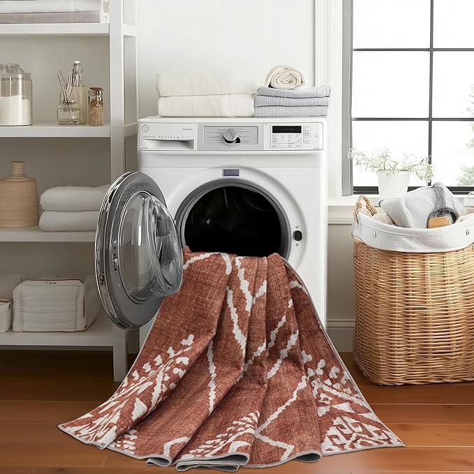 ReaLife Rugs Machine Washable Area Rug Runner - Living Room Bedroom Bathroom Kitchen Entryway Office - Padded Low Pile Stain Resistant Premium - Moroccan Diamond Tribal - Jax - Orange 2'6" x 10'