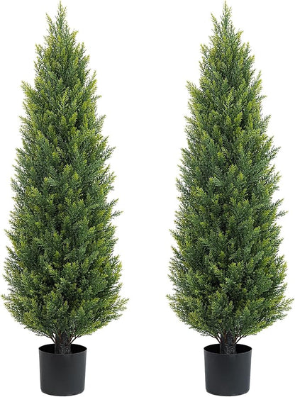 Two 4ft Artificial Topiary Tree Fake Bushes Potted Plants UV Resistant Faux Cedar Trees Artificial Outdoor Shrubs for Front Porch Garden