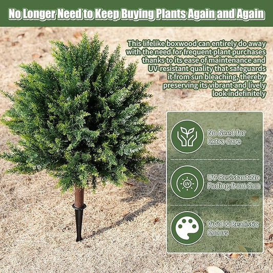 Artificial Cypress, 24'' Topiary Trees Artificial Outdoor, Faux Cedar Shurbs with Ground Spike, UV - Resistant Faux Plants for Outdoor planters, Set of 2 Fake Bushes Front Porch, Outside Garden Decor