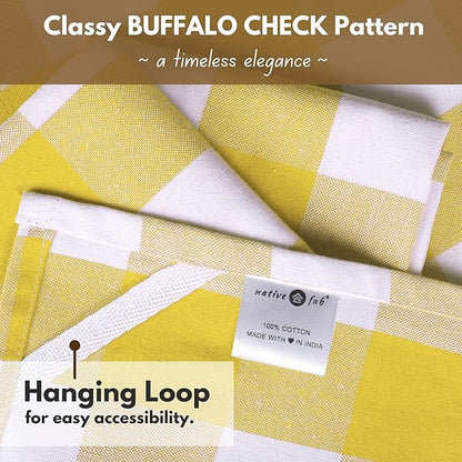 Native Fab Yellow Buffalo Dish Towel 16"x26", Set of 4 - Cotton Plaid Towels, Soft Absorbent Dishcloths with Hanging Loop, Kitchen Towels for Quick Drying - Yellow White