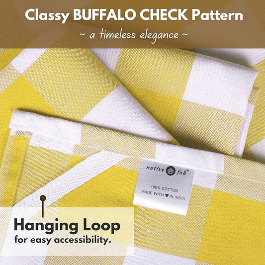 Native Fab Yellow Buffalo Dish Towel 16"x26", Set of 4 - Cotton Plaid Towels, Soft Absorbent Dishcloths with Hanging Loop, Kitchen Towels for Quick Drying - Yellow White
