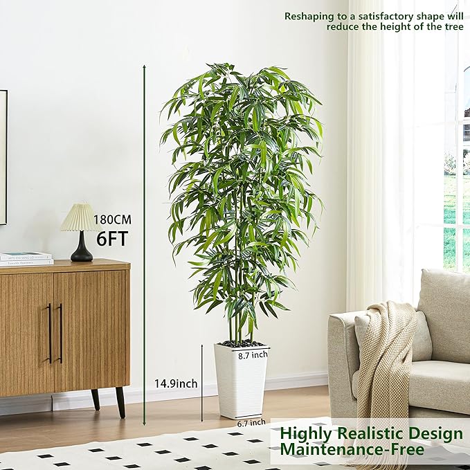 Artificial Bamboo Tree 6FT Tall Fake Plants Faux Bamboo Plant with White Tall Planter, Artificial Fake Trees Silk Plant with 5 Trunks and Lifelike Leaves for Home Office Indoor Outdoor Decor