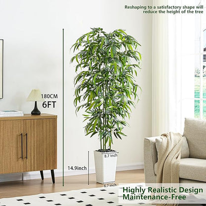 Artificial Bamboo Tree 6FT Tall Fake Plants Faux Bamboo Plant with White Tall Planter, Artificial Fake Trees Silk Plant with 5 Trunks and Lifelike Leaves for Home Office Indoor Outdoor Decor