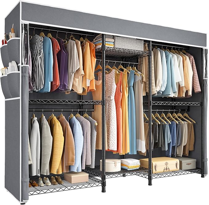Raybee Clothes Rack with Cover,Clothing Racks for Hanging Clothes,Portable Closet, Adjustable,Metal,Max Load 900lbs,Black