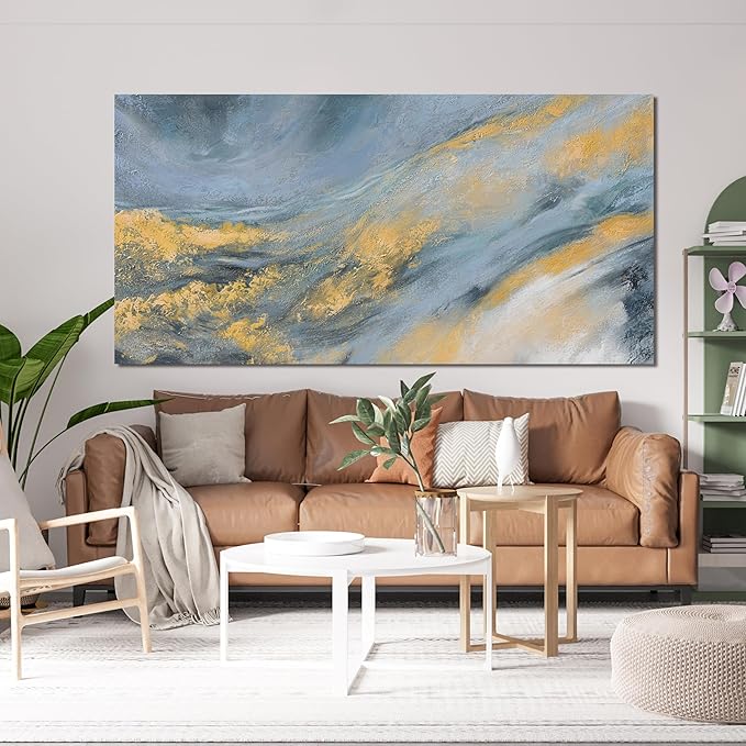Abstract Wall Art Decor Large Modern Blue Wall Art Prints Canvas Wall Art for Living Room Abstract Canvas Art Wall Decor Gold Wall Art Decorations Artwork for Walls Kitchen Bedroom Decor 24" X 48"