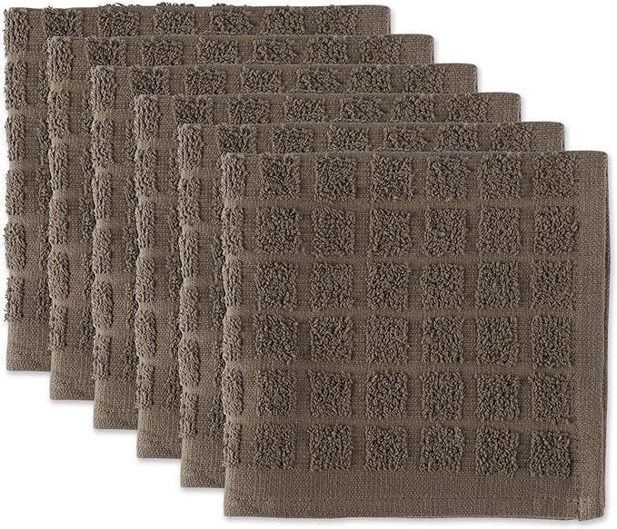 DII Basic Terry Collection Solid Windowpane Dishcloth Set, 12x12, Brown, 6 Piece