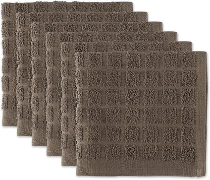 DII Basic Terry Collection Solid Windowpane Dishcloth Set, 12x12, Brown, 6 Piece